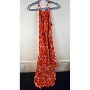 Fashion Floral Halter Maxi Dress Orange Red High Low Ruffle Summer Small NEW